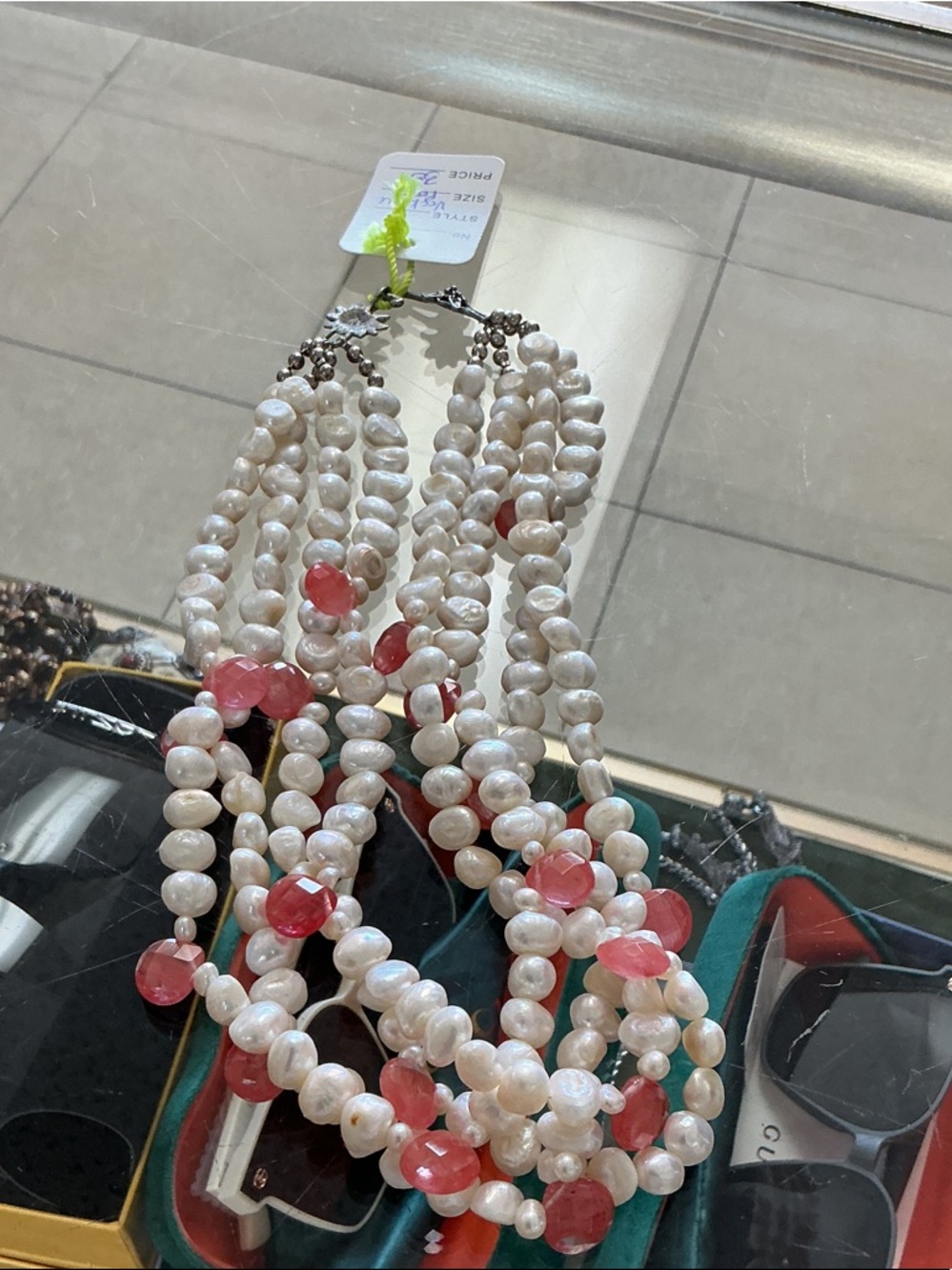 Multi-Strand White Pearl Necklace with Pink Bead Accents